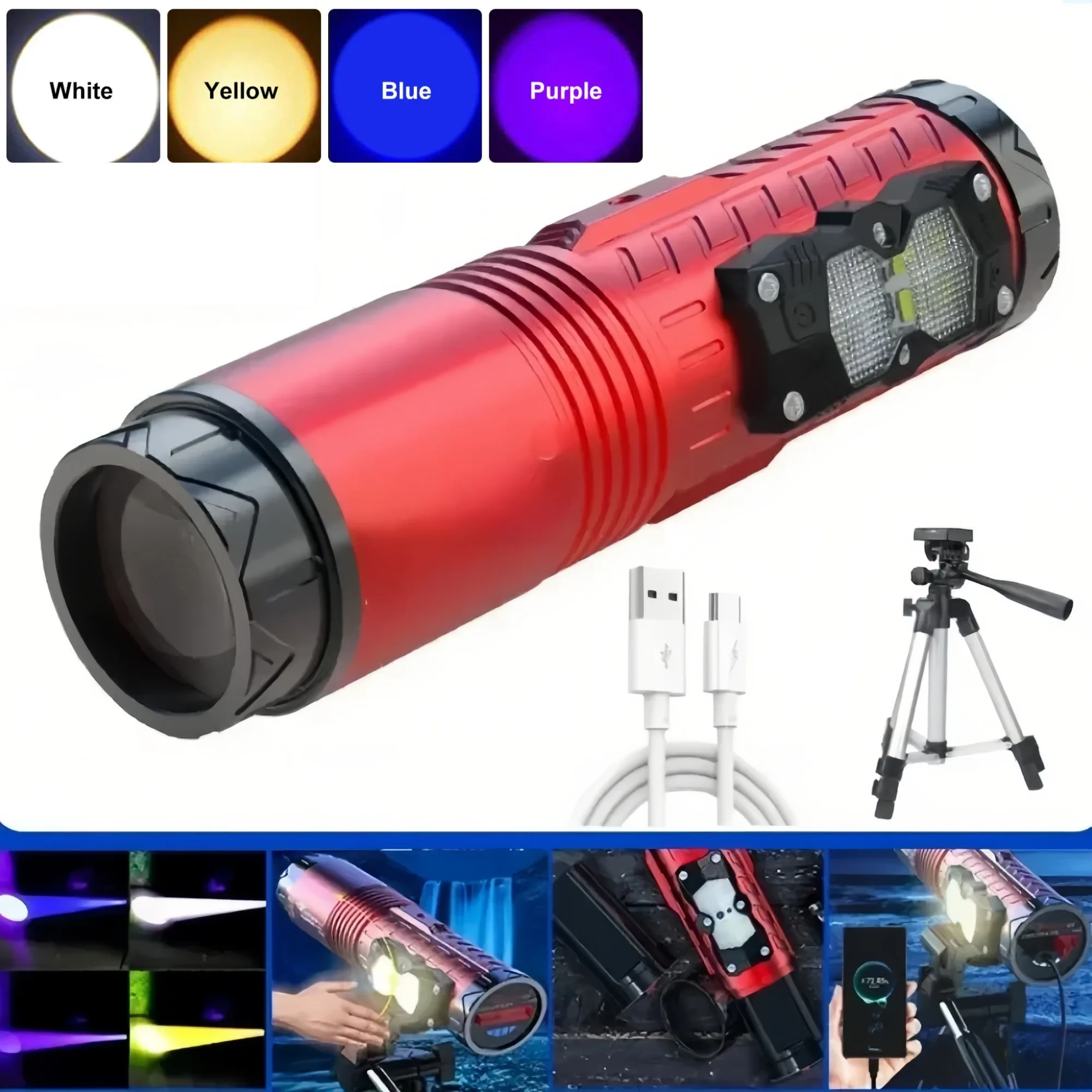 High Power Night Fishing Flashlight Type-C Rechargeable Zoomable Camping Lantern LED Torch 4 Color 10000mAh Searchlight