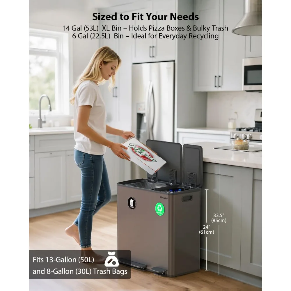 Dual Trash Can 14+6 Gal Kitchen Step Garbage Bin Stainless Steel Recycling Soft Close Lid Brown