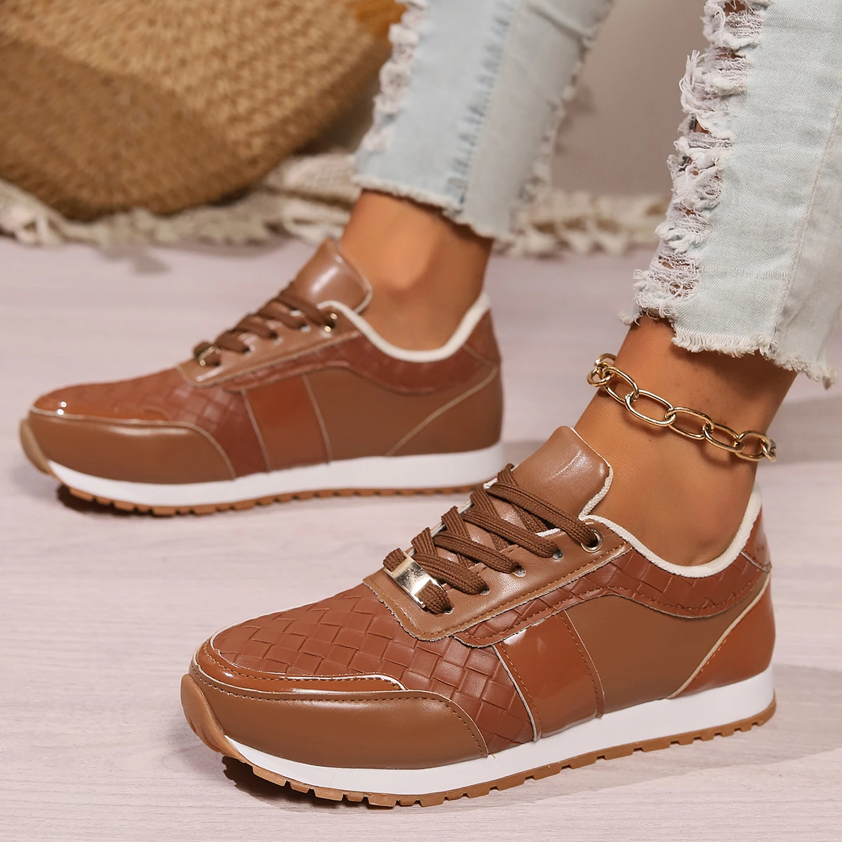 buty damskie trend Moda damska Okrągłe palce Sznurowane damskie buty sportowe Casual Płaskie dno Lekkie damskie buty wulkanizowane