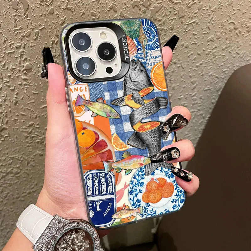 

Sardines Color Illustration Laser Phone Case For IPhone 16 15 14 Pro Max Plus 13 Mini 12 11 Pro Max Shockproof Protective Covers