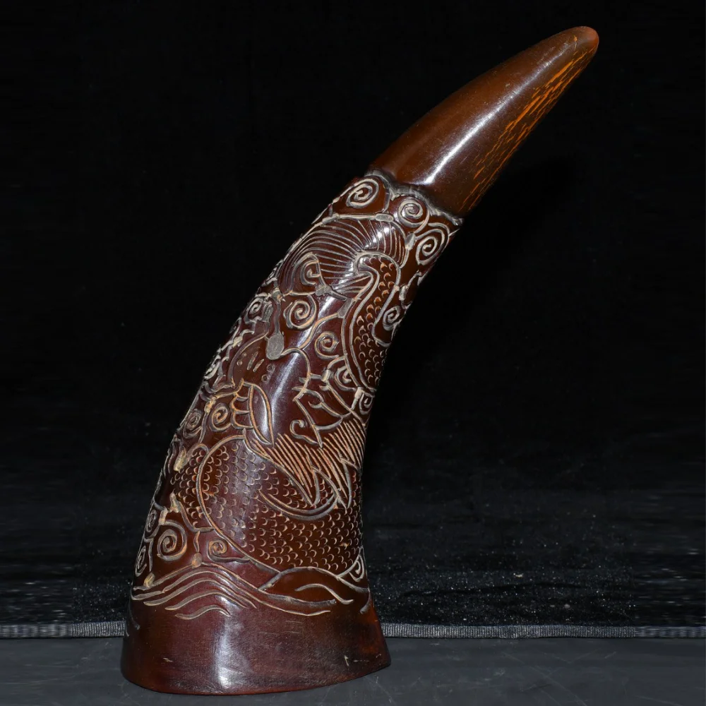 Natural Yak Horn Carved Chinese Dragon Statue Handmade Feng Shui Ornament Dragon Boat Cloud Sea Desk Decoration Gift