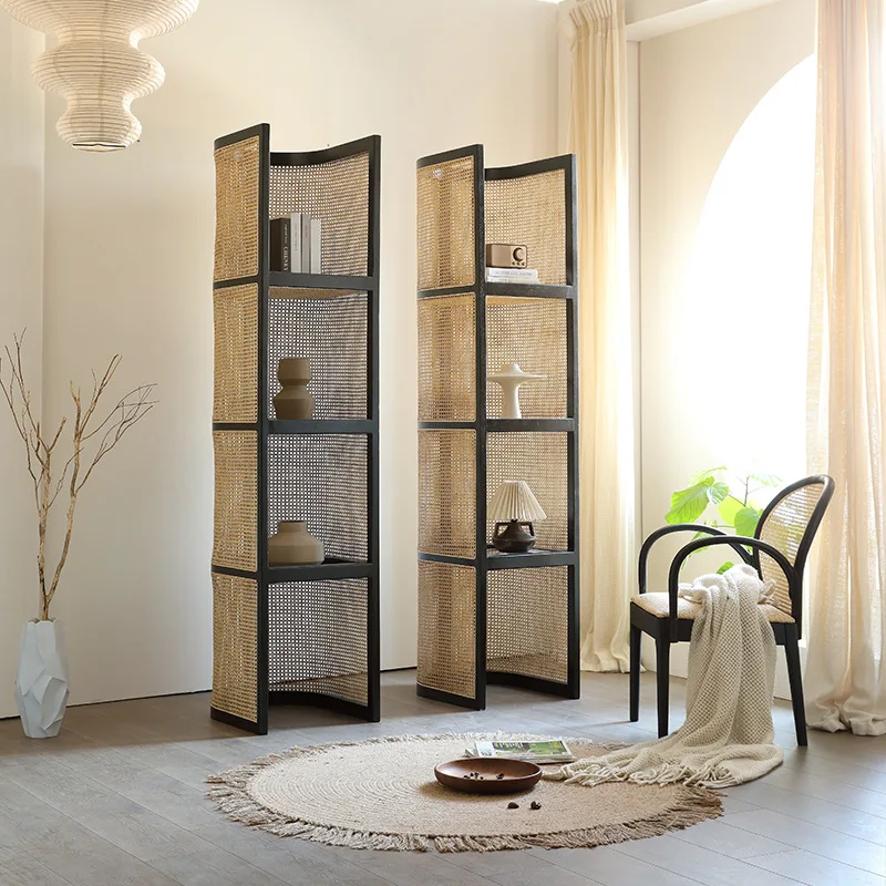LMMM Japanese-style rattan rack household small apartment multi-layer floor bookshelf wabi sandy wind B & B corner cabinet