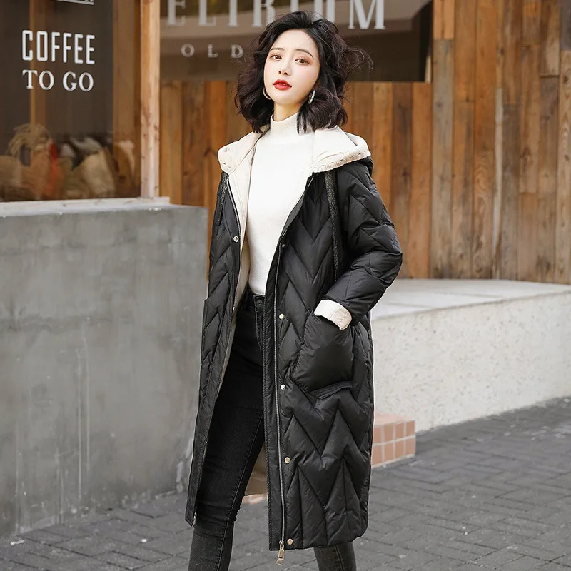 Korean Style Down Coats Women Mid Long  Hooded Loose Thickened Fashion Loose Casual Comfortable Jacket Lady Solid Autumn Winter