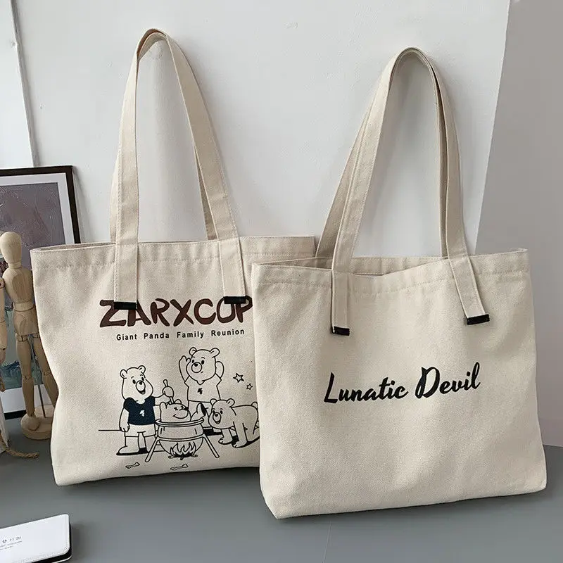 Women Canvas Shoulder Bag Zarxcop Bear Printing Ladies Casual Handbag Tote Bag Large Capacity Cotton Reusable Shopping Beach Bag