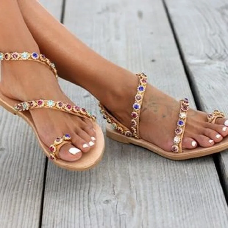 2022 Summer Women Sandals Sweet Boho Pearl Decoration Sandals Leather Flats Plus Size Women Beach Sand Holiday Shoes Zapatos