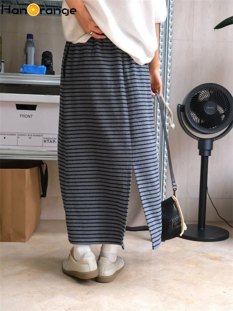 HanOrange 2024 Autumn Lazy Casual Striped Skirt Thick Skinny Back Split Straight Skirt Blue/Gray