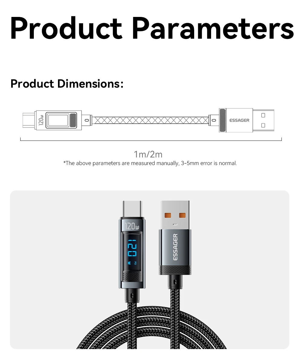Essager 120W USB Typ C Kabel Schnellladekabel USB C Ladekabel für iPhone 15 14 13 12 Huawei mit LED-Digitalanzeige – Detail 15