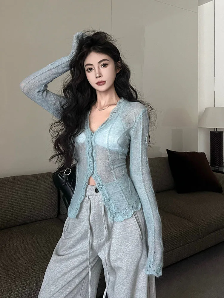 French Vintage Striped Knitted Cardigan Mori Girl Single Breasted Sweater V-Neck Long Sleeve Sheer Pullover Korean Streetwear