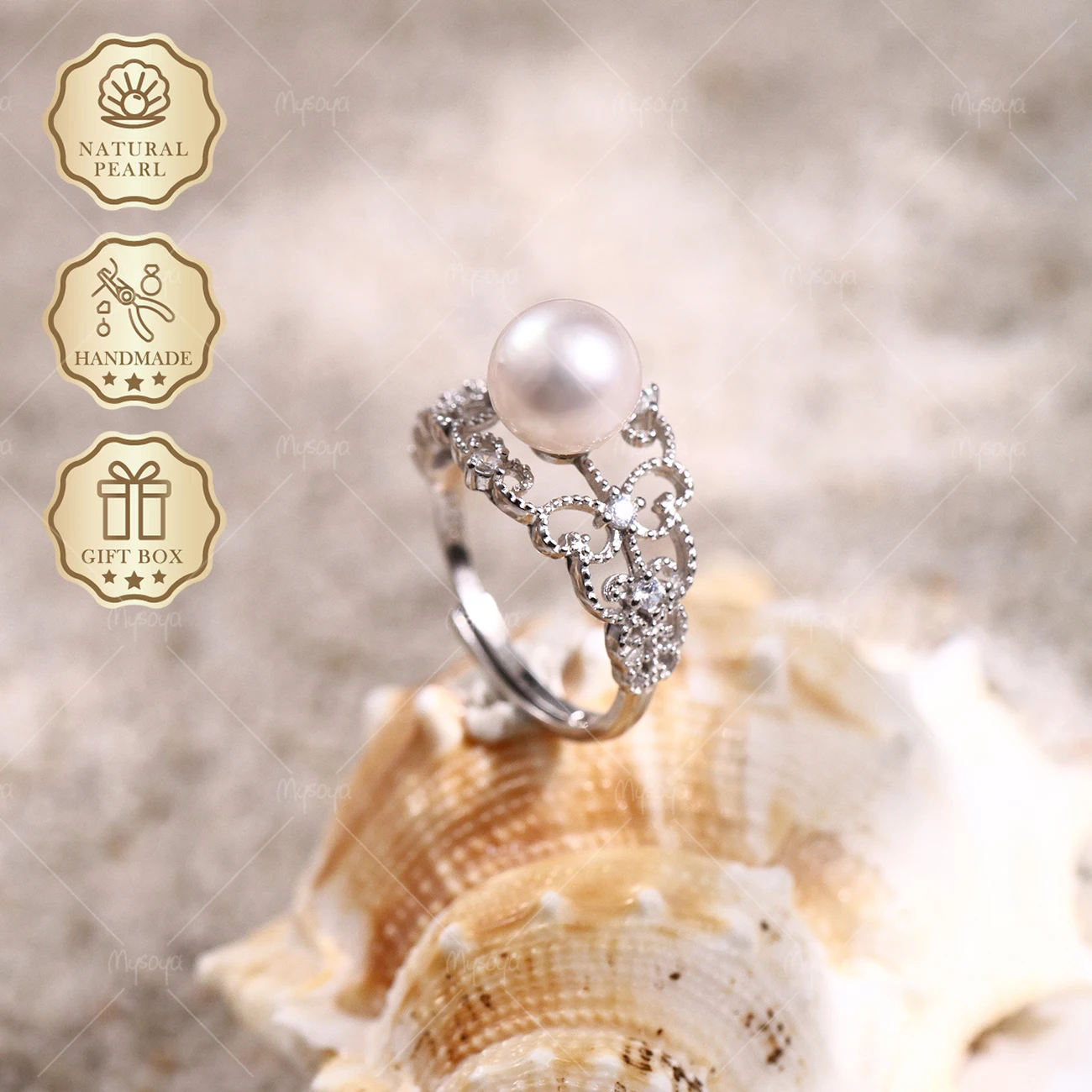 MYSOYA Akoya White Pearl Open Ring 8-8.5mm Hollow Pattern Ring, Gift Box, Birthday & Wedding Jewelry C330
