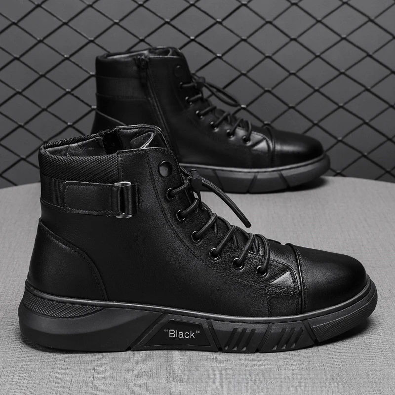 Bota de cano alto de couro PU masculina, confortável sapato esportivo, botas casuais de plataforma, cabeça redonda, preto, outono, inverno