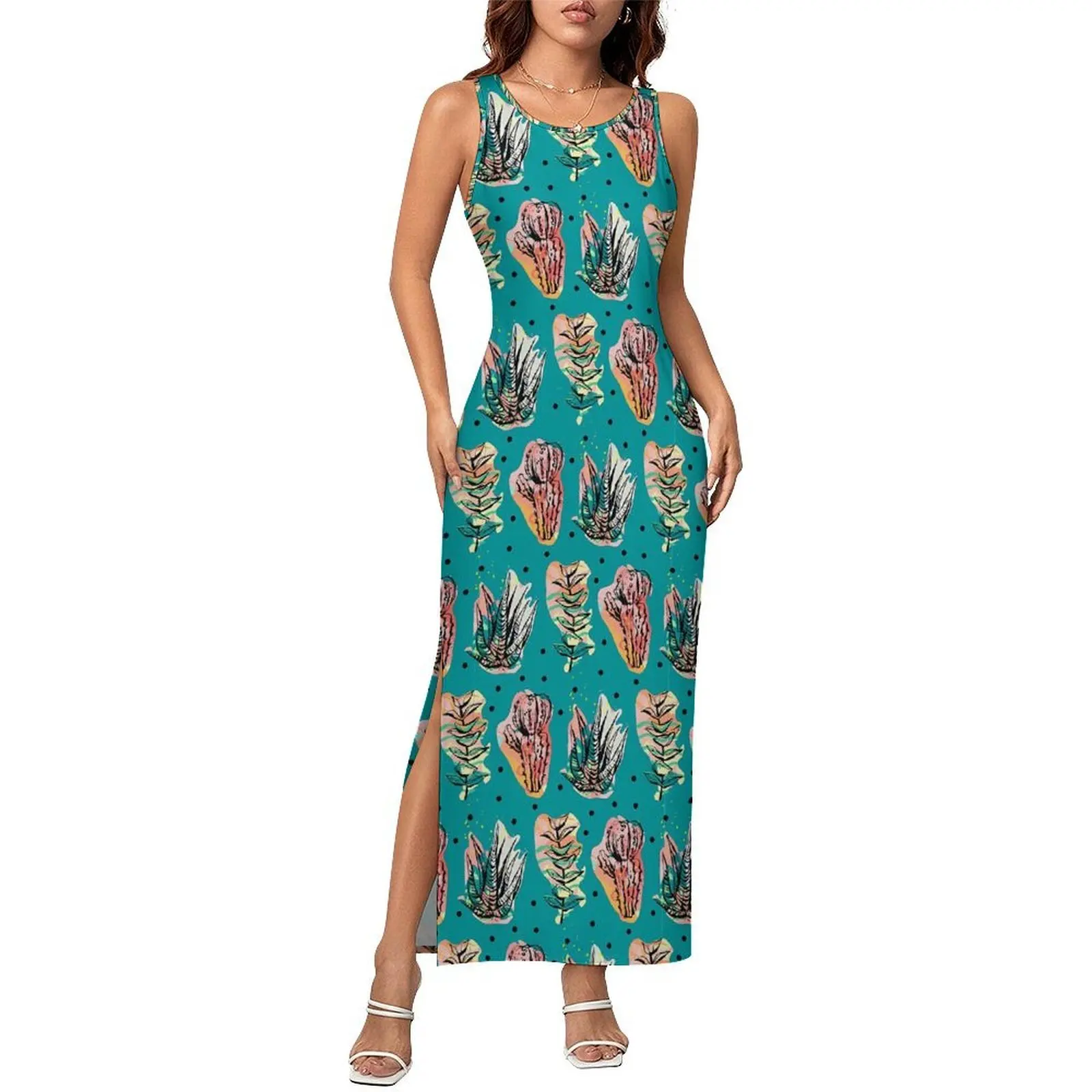Abstract Cactus Bodycon Dress Summer Dots Print Modern Maxi Dresses Womens Sleeveless Printed Fashion Dress Large Size 3XL 4XL