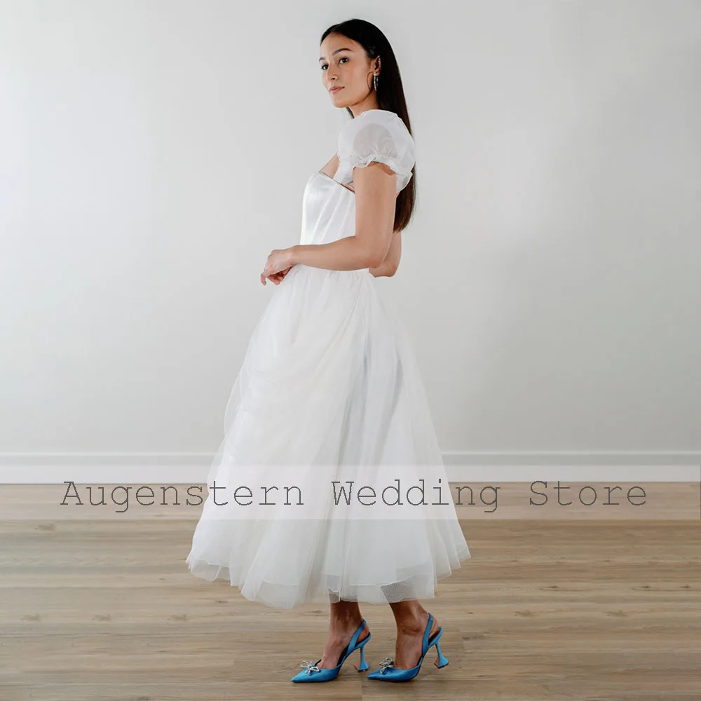 Midi Wedding Dress White Tulle A Line Tea Length Simple  Gowns with Detachable Short Puff Sleeves Elegant Bridal Dresses