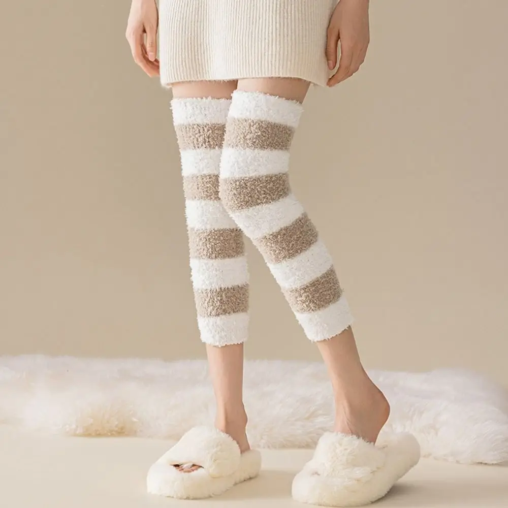 

Comfortable Thicken Warm Long Tube Sock Cover Simple Hosiery Floor Plush Stockings Leg Warmer Stripe Foot Warmer Winter