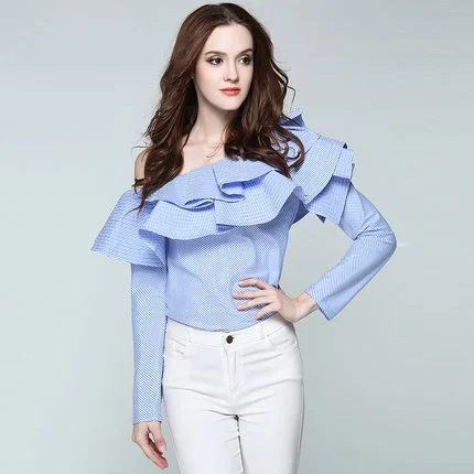 Sexy oulder Bared Long Sve Stripe irt with Ruffle Design Commute Sle Women's Cross over Faion 2025 New Arrival