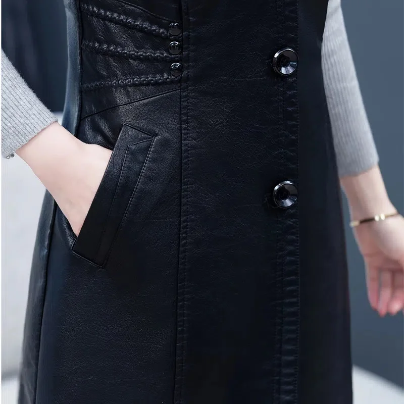 Mid-Length Leather Vest Women's 2024 Spring and Autumn New PU Leather Slim Fit and Slim Sleeveless Windbreaker Vest Vest Jacket