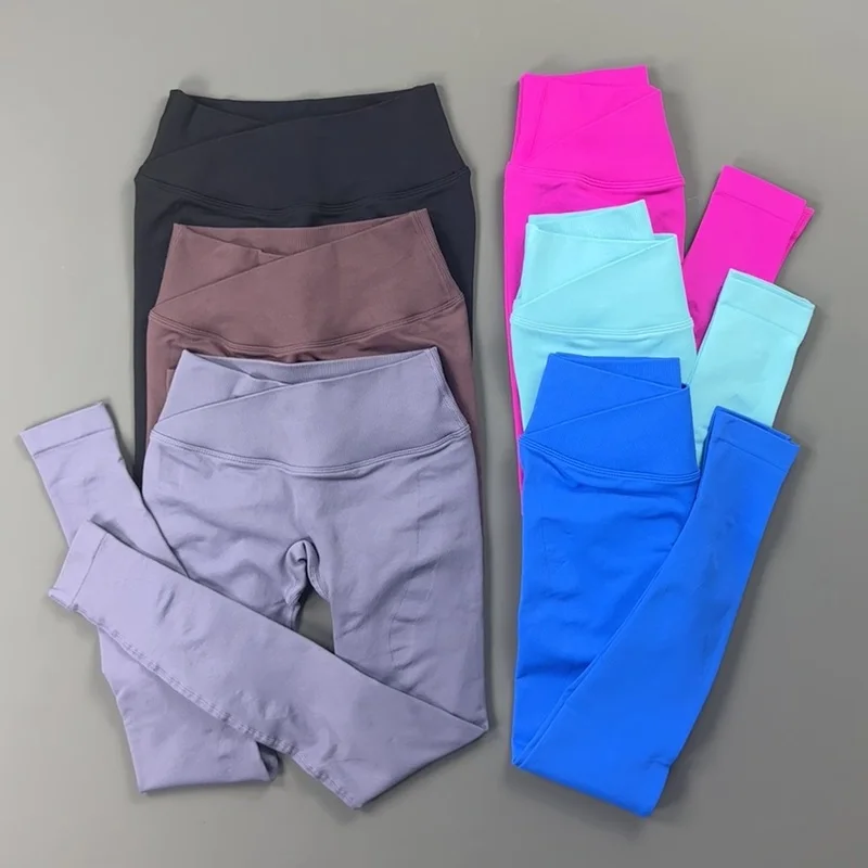 Criss Cross Waist Yoga Leggings Women High Tummy Grip Butt Sculpt Ribbed Seamless Pants Stretchy Fabric Gym Workout Bottoms
