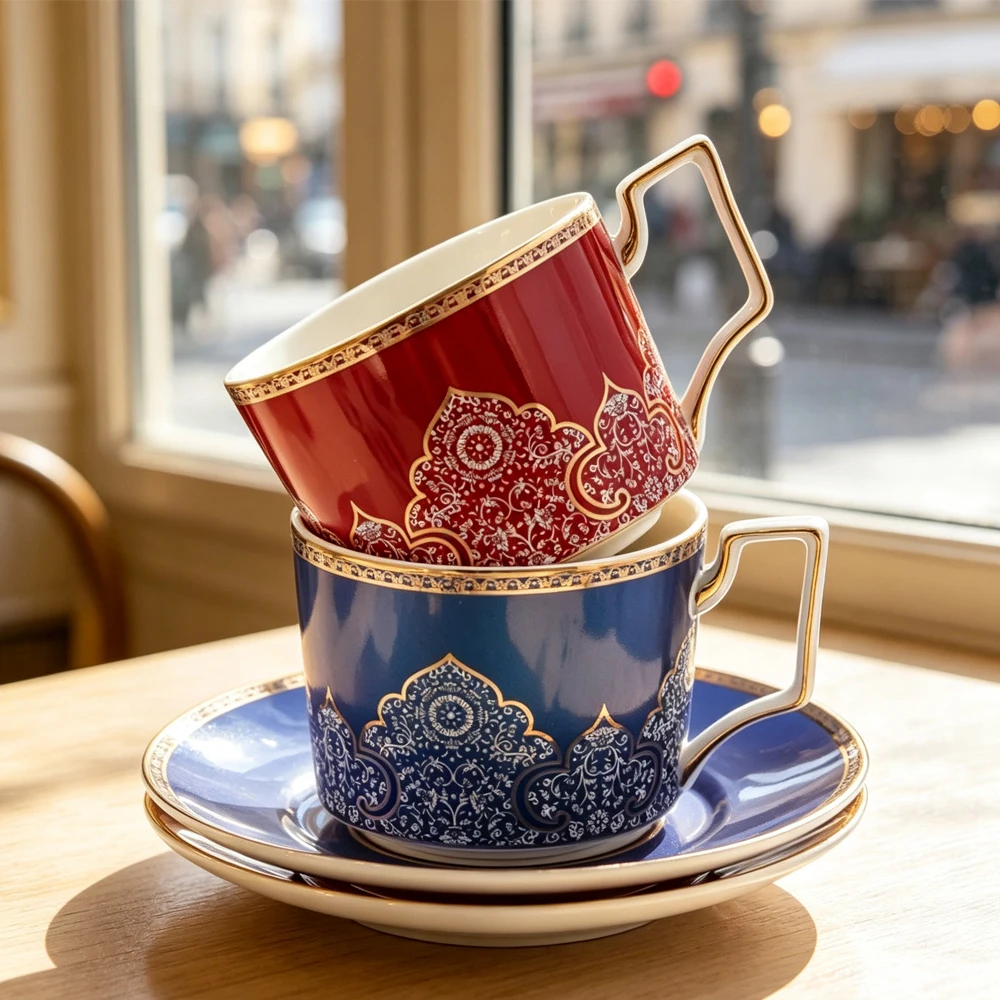 250ML European Ceramic Coffee Cup Saucer Light Luxury Floral Mug Afternoon Tea Flower Tea Coffee Cup Breakfast Mug Wedding Gift