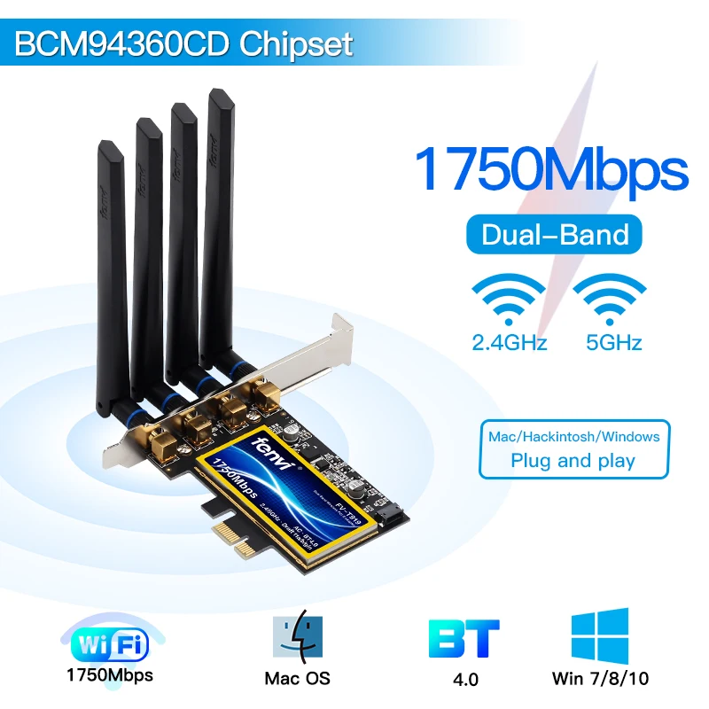 FV-T919 1750Mbps PCIe Wifi Card BCM94360 Dual Band 2.4G/5GHz For MacOS Hackintosh 802.11ac Bluetooth-compatible 4.0 Desktop PC