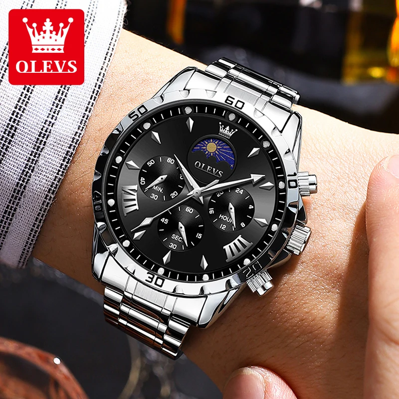 OLEVS 2949 Original Men\'s Watches Exclusive Design Chronograph Moon Phase Waterproof Leather strap Trend Male Wristwatches