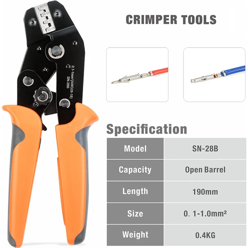 SN-28B Dupont Crimping Tool for 3.96mm, 2.54mm, 2.5mm Pitch Dupont, JST XH VH Connectors, AWG 18 to 28 Crimp Connector