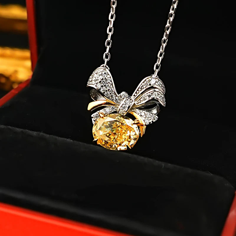 Thick colored yellow diamond women's necklace light luxury fashionable bow ribbon, egg shaped 925 silver pendant, Radian ice cut