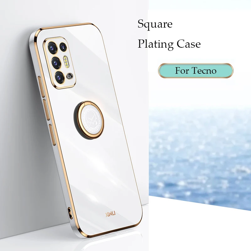 Square Mirror Plating Ring Phone Holder Case On For Tecno Pova 2 TECNO Spark 6 Air Pova2 Spark6 Silicone Girl Stand Back Cover