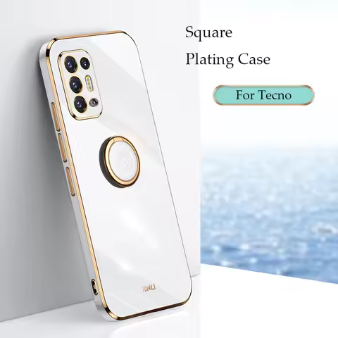 Square Plating Ring Phone Holder Case For Tecno Pova 2 Camon 18 16 15 Spark 7 Pro 6 Air Go 2022 Pop 5 LTE Silicone Stand Cover