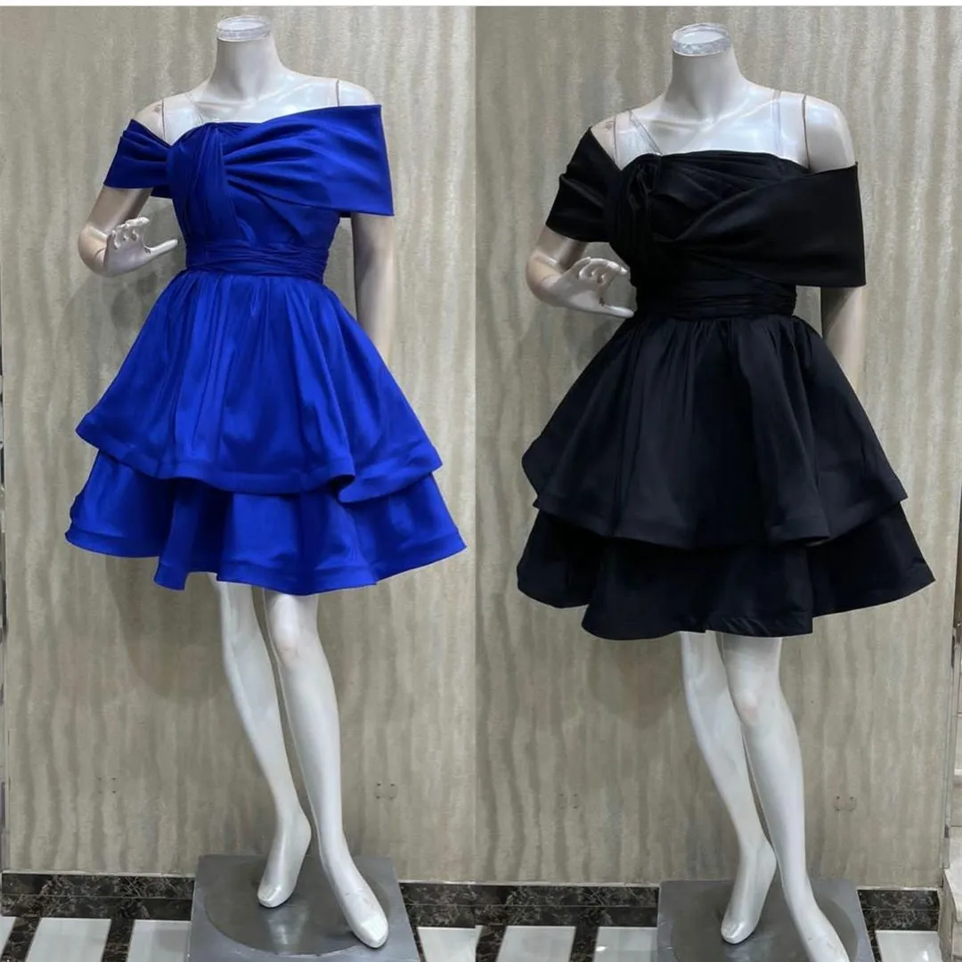 

Royal Blue Taffeta Cocktail Party Dresses for Teens Girls Mini Length فساتين السهرة Ruffles Pleated Prom Dress with Off Shoulder