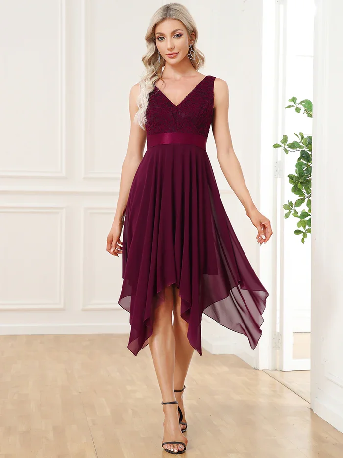 Ever-Pretty Deep V-Neck Lace Chiffon Bridesmaid Dress with Asymmetrical Hem