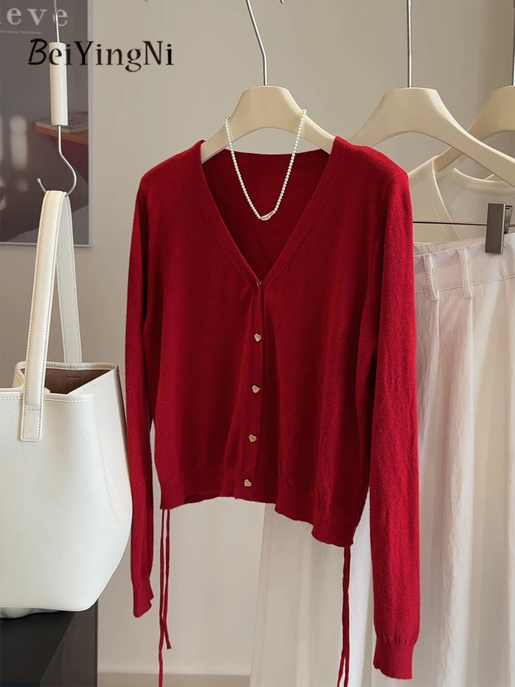 Beiyingni V-neck Knitted Cardigans Female Single-breasted Drawstring Black Casual Women's Sweater Plain Warm 2025 Winter Clothes