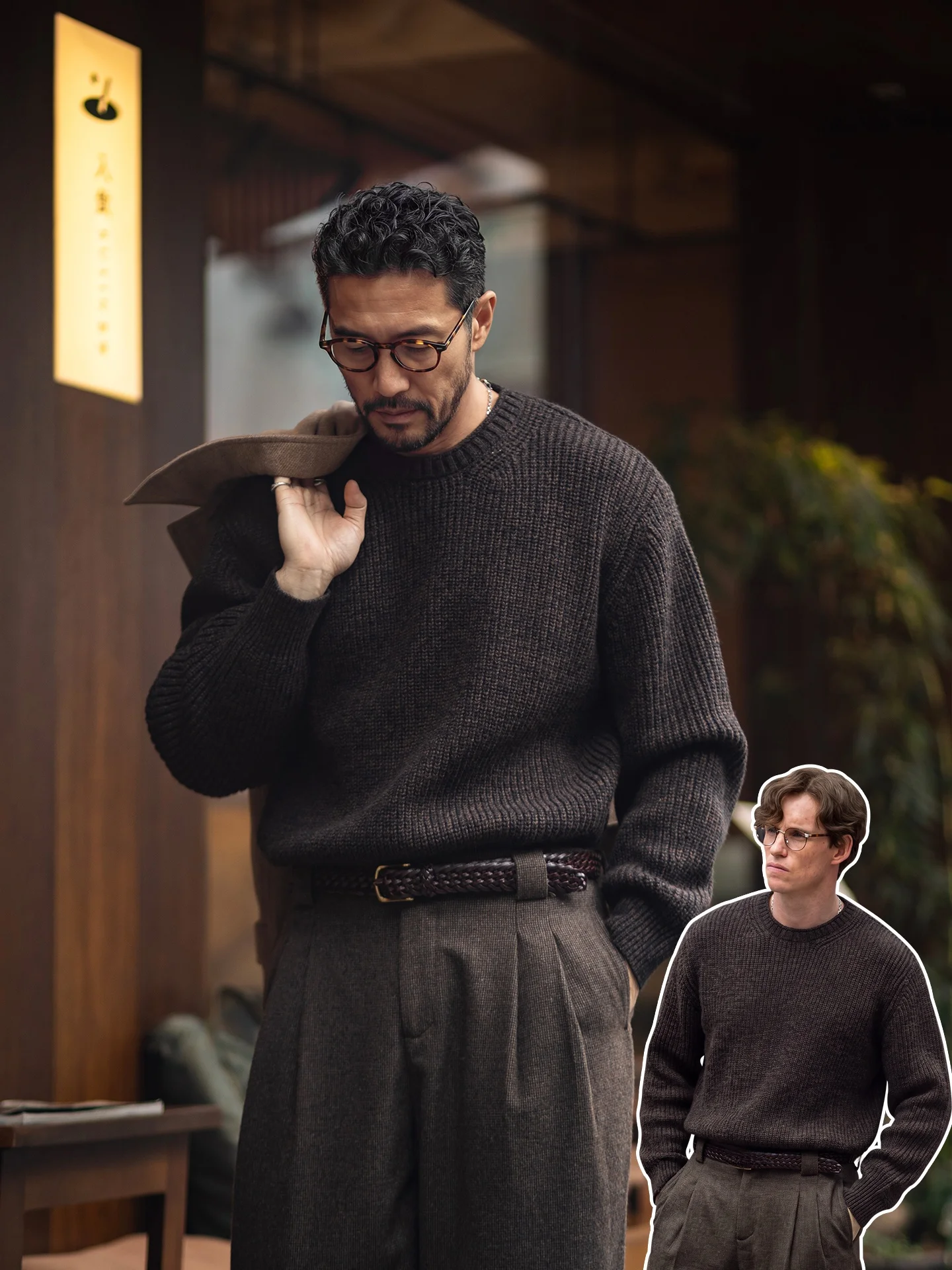 Retro round Neck Knitted Sweater for Men Warm Wool Blend Long Sleeve Overhead Base Layer Vintage Style Casual Winter Wear