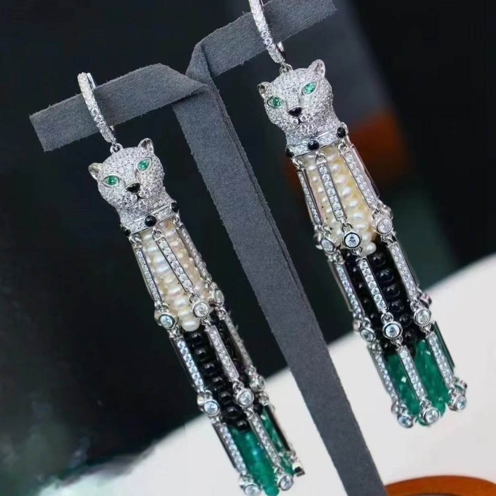 

Luxury Pearl Green Agate Long Tassel Earrings Or Pendant Necklace Black Enamel Panther Silver Earrings Leopard Jewelry For Women