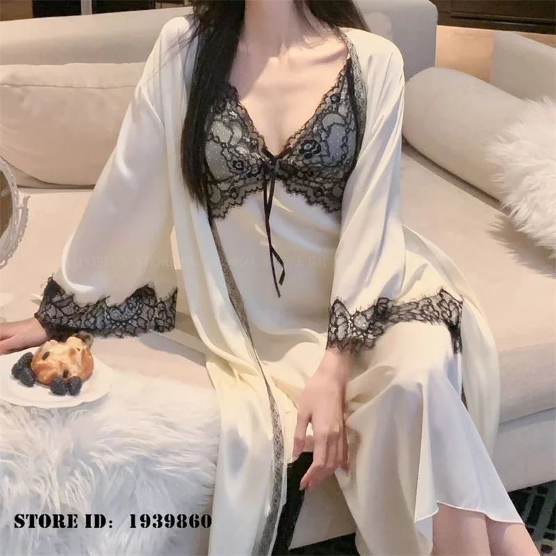 New Female Long Robe Nightgown 2Pcs Set Elegant White Satin Bathrobe Suspender Night Dress Sexy Patchwork Lace Homewear Pajama