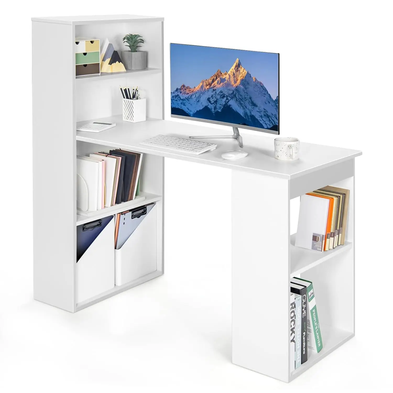 

48 Inch Computer Desk With Bookshelf, 3-in-1 Home Office Desk With 4-Tier Bookcase & CPU Stand, Space-Saving, Customized