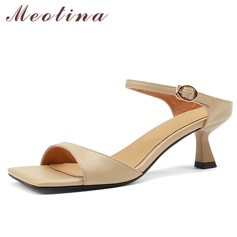 

Meotina Women Genuine Leather Sandals Square Toe High Heel Slides Buckle Thin Heels Square Toe Ladies Slippers Summer Rose Red