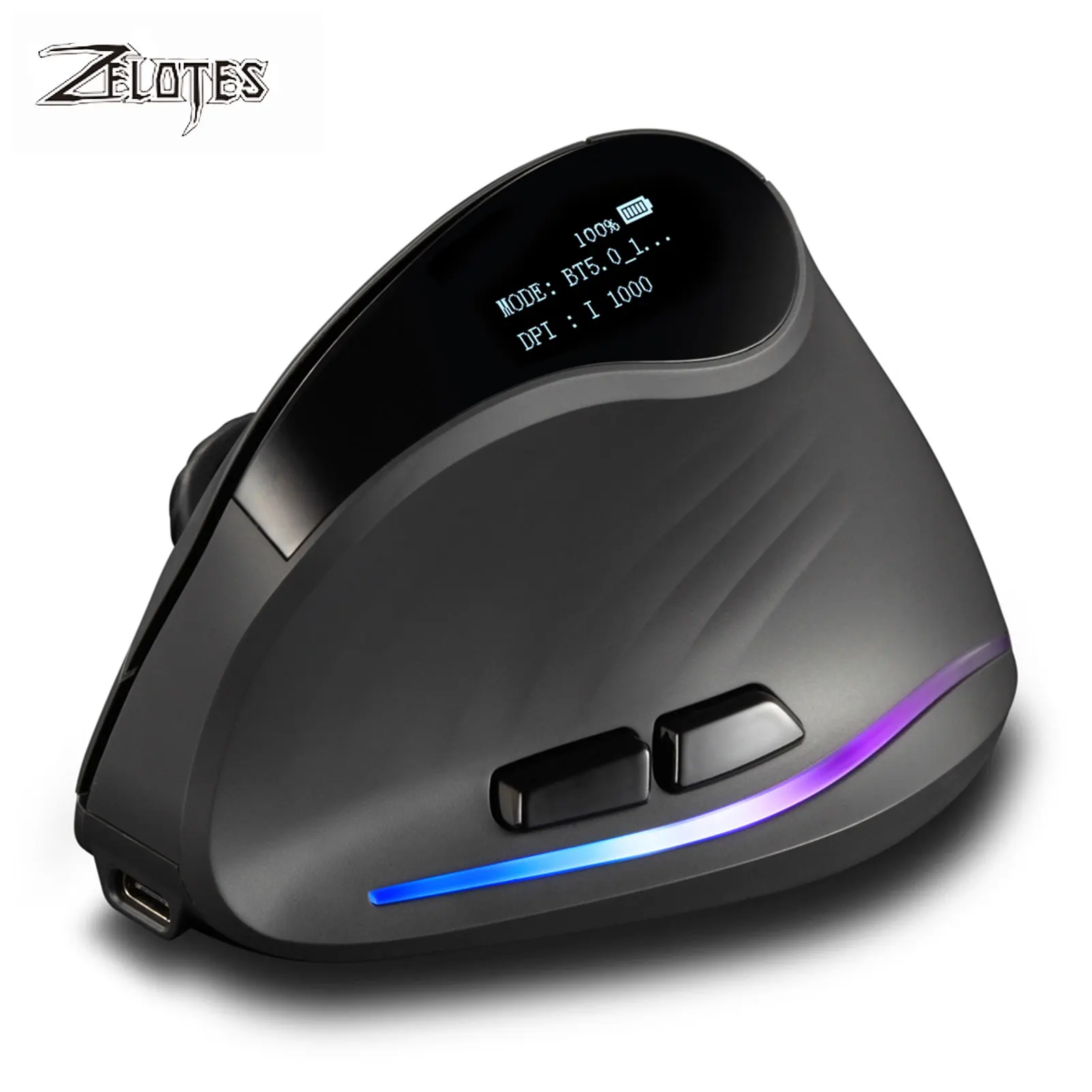 

ZELOTES F-35C Programming Mouse 2.4G BT Wireless Mouse Vertical Ergonomic Optical Rechargeable Mouse w/ OLED Display PC Mouse