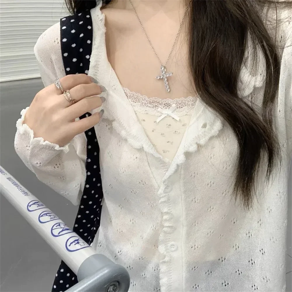 Koreaanse stijl schattig uitgehold dun gebreid vest dames zomer zwart wit beige roze vest lange mouw slanke korte knop top