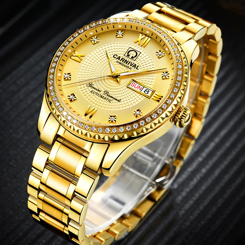 CARNIVAL Luxury Gold Steel Mens Watches Top Brand Business Automatic Mechanical Watch Men Date Luminous Waterproof Relogio