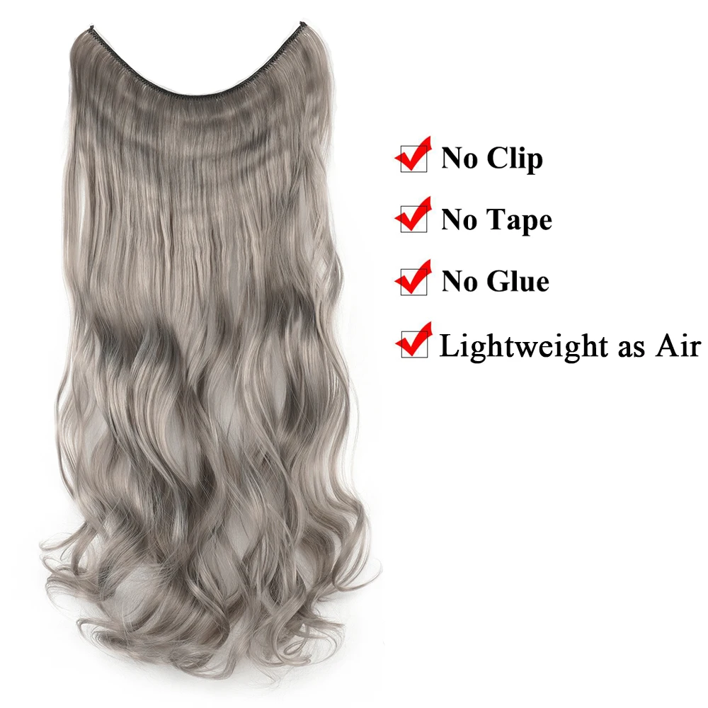 Soowee Long Grey Synthetic Hair Hairpieces Fish Line Fusion Invisible Curly Hair Extensions Aplique De Cabelo