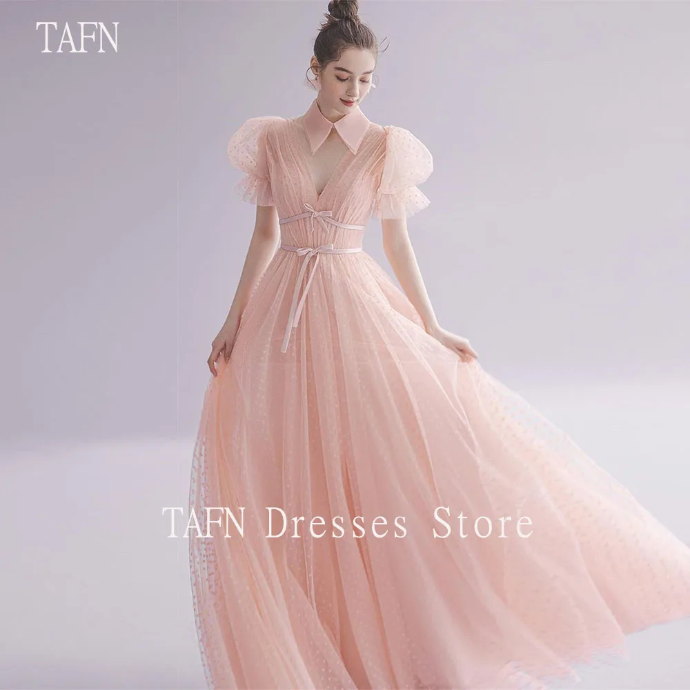 

TAFN Korea Pink Wedding Dresses High Collar Short Sleeves Dotted Tulle Bridal Gown Custom Made Sweep Tarin Photo Shoot Dress