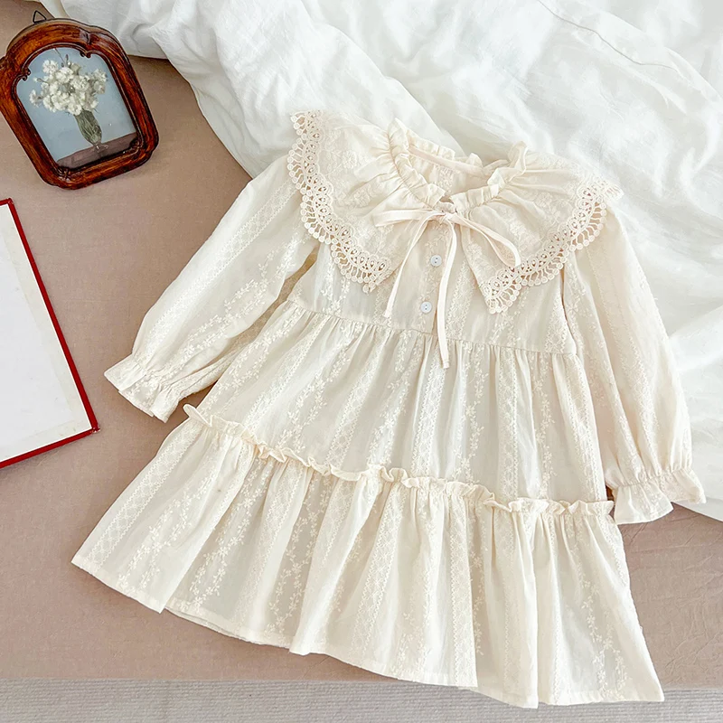 New Baby Girls Dress Girls Sweet Girl Dress Ruffle Trim Party Princess Dress Lace Collar Going Out Casual Dresses Little Clothes