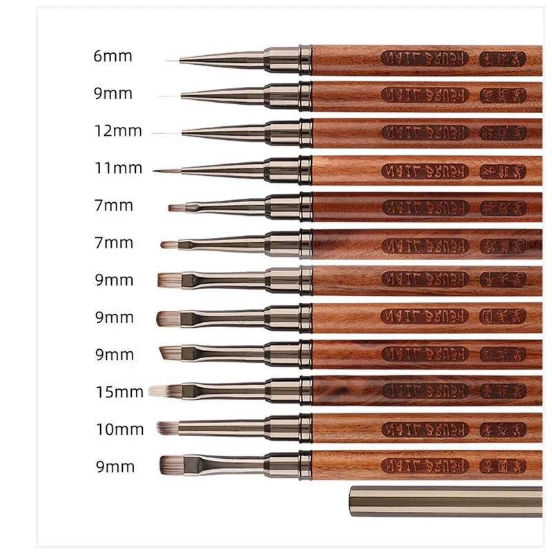 1/12개입 샌달우드 핸들 네일 드로잉 브러쉬 매니큐어 라인 페인팅 그라데이션 UV 젤 익스텐션 빌더 드로잉 펜