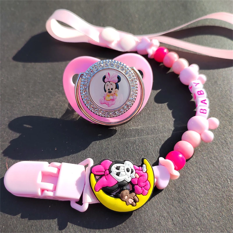 Unique Personalized Name Pacifier Clips with Rhinestones Disney Minnie Mouse Doll Children's Nipples Teethers Babies Accessories