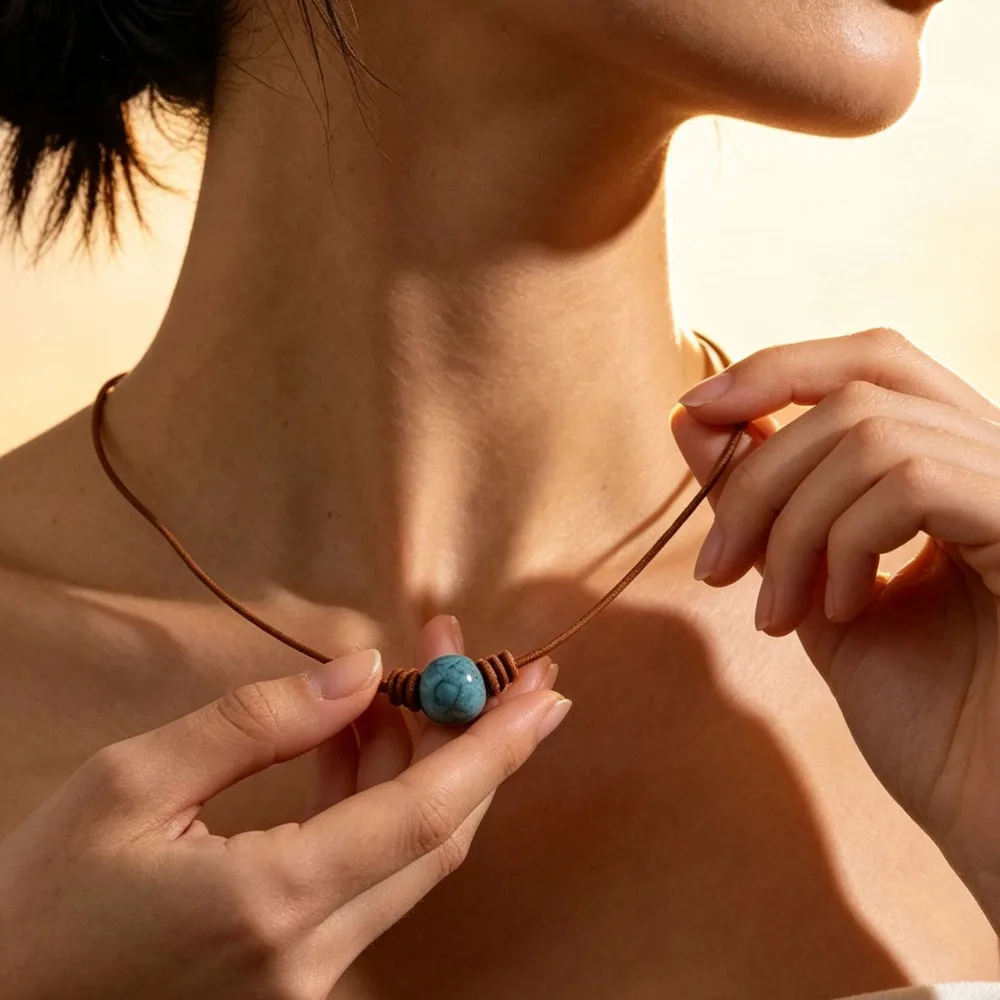 Retro Turquoise Beaded Short Close‑Fitting Neck Chain Necklace for Women Versatile Daily Casual Party Accessory Gift