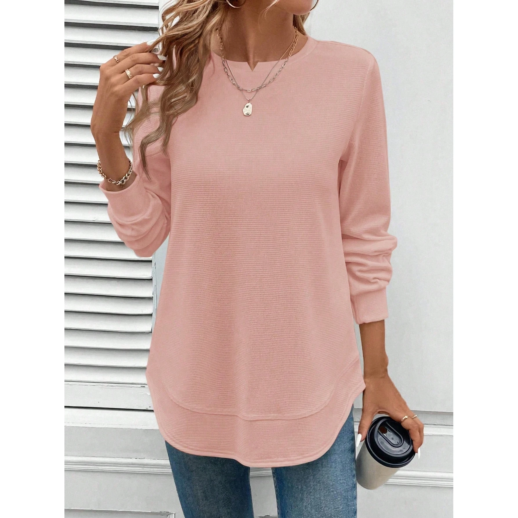 Casual Comfortable Basic Style Women's Sport Shirt Asymmetric Hem Gingham Pattern Long Sleeve round Neck Mid-Length Sweatshirt