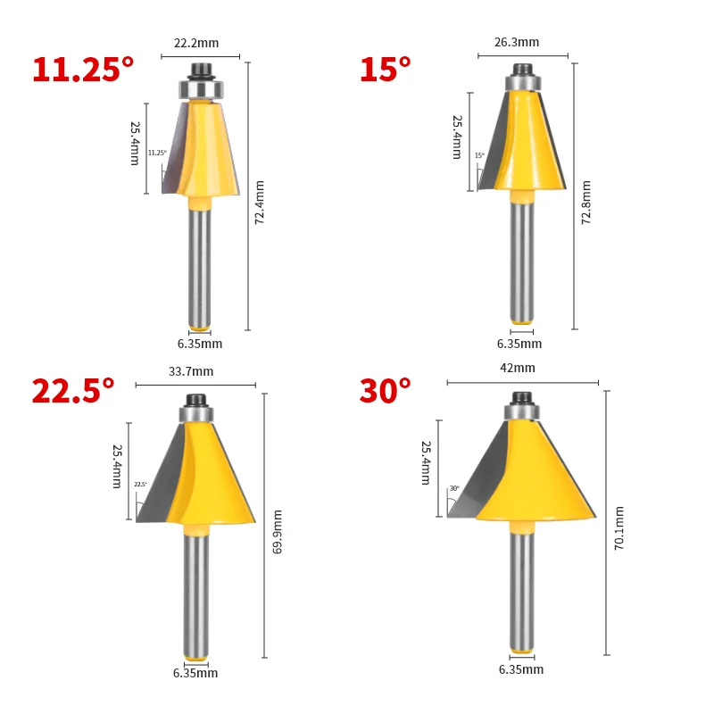 6.35MM 8MM Shank 11.25° 15° 22.5° 30° 45° Chamfer Router Bit 4Pcs/Set 5Pcs/Set Woodworking Milling Cutter for Wood Face Mill