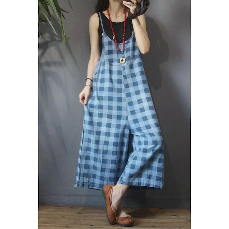 Plaid Jumpsuits for Women Summer Denim Wide Leg Pants Vintage One Piece Outfit Women Clothing Safari Style Loose Casual Rompers