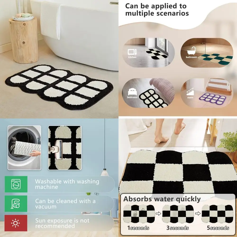 

checkered soft bath rug - minimalist flocking, non-slip, absorbent, quick-drying mat for bathtubs