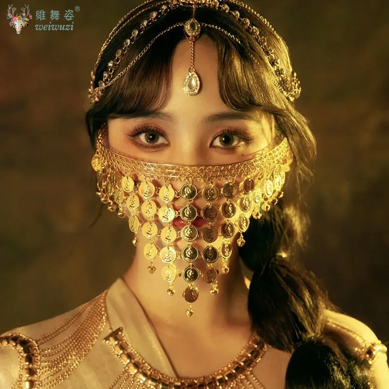 

Luxury Women Coin Bell Tassel Masquerade Mask Veil Face Chain Belly Dance Stage Cosplay Party Headbands Boho Festival Hair Gift