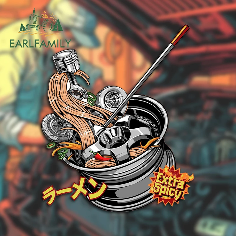EARLFAMILY 13cm X 10.6cm for Ramen Extra Spicy Tire Car Stickers Sunscreen Cartoon Decals Scratch-Proof Surfboard Windows Decor